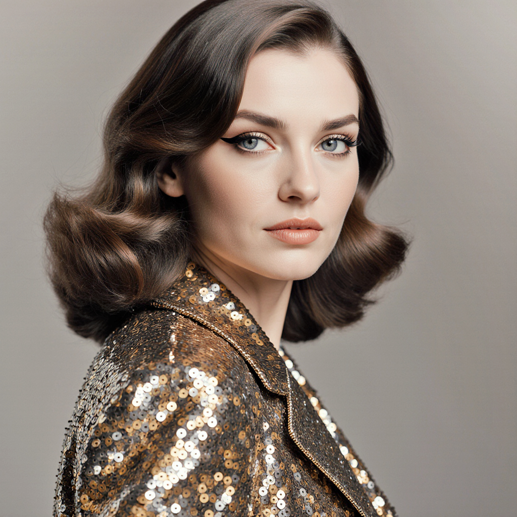 Elegant woman with vintage waves wearing a gold sequin jacket, representing Bal Harbour style.