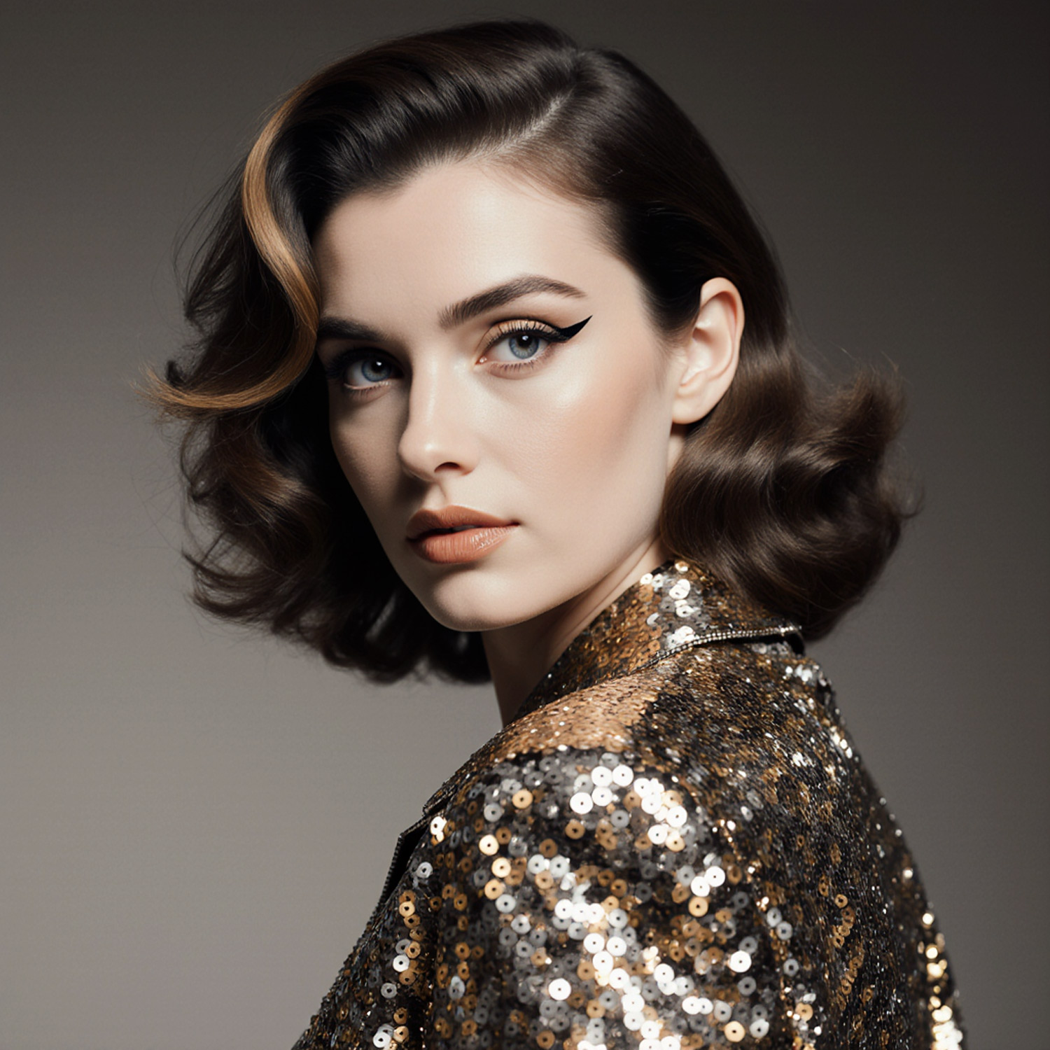 Studio portrait of a woman wearing a sequined evening garment in Bal Harbour
