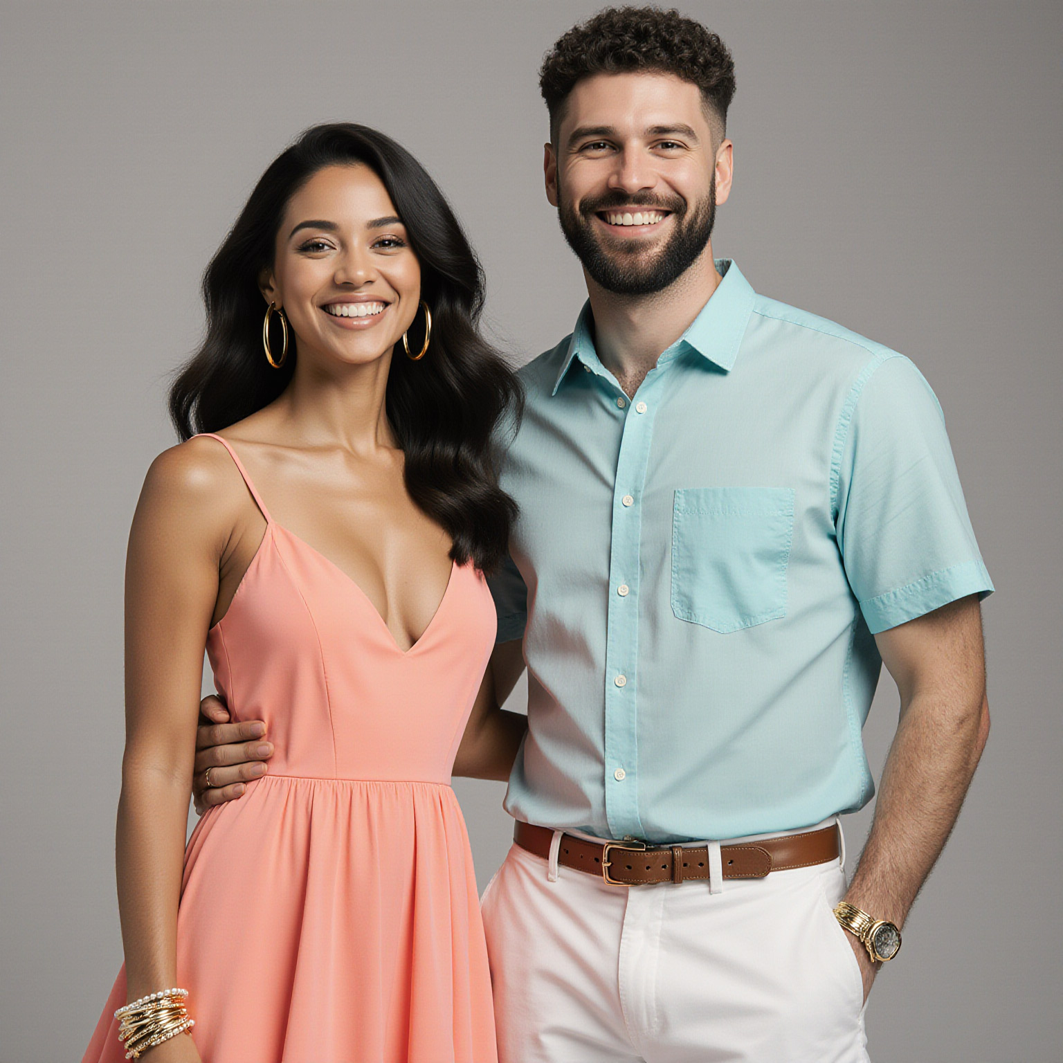 Studio portrait of a couple wearing refined warm-weather attire photographed in Edgewater, Miami