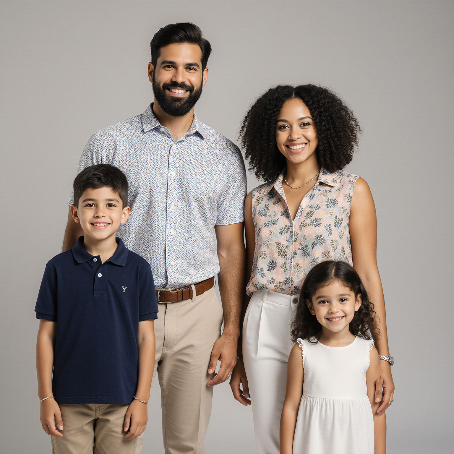 Studio portrait of a family wearing coordinated casual attire photographed in Fort Lauderdale