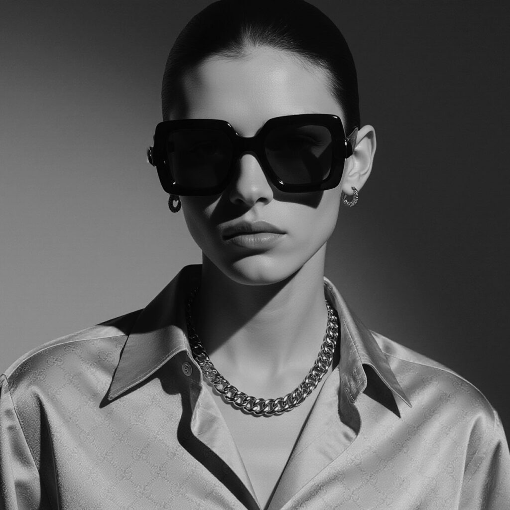 Black-and-white fashion headshot featuring a woman wearing a satin blouse and statement sunglasses
