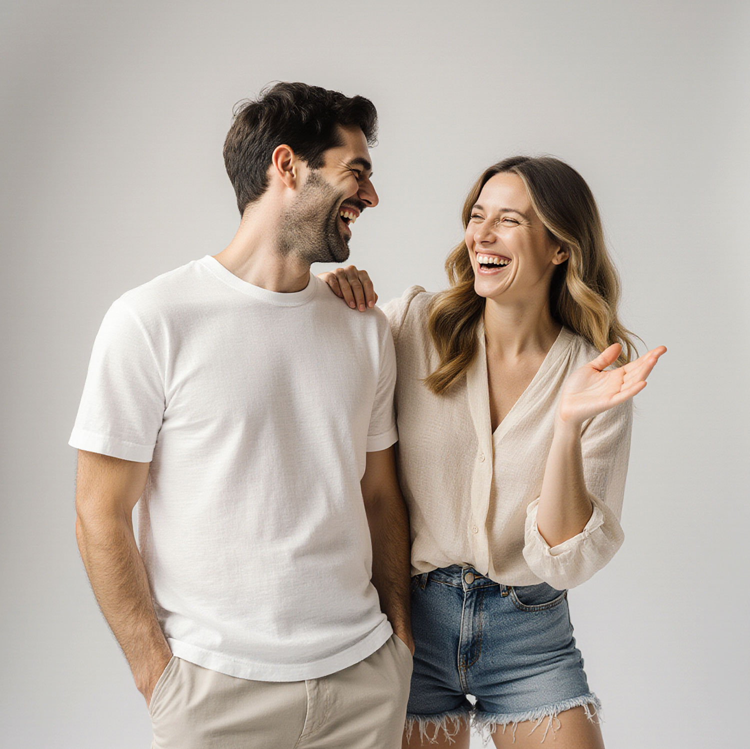 Studio portrait of a casually dressed couple sharing a relaxed moment photographed in South Florida