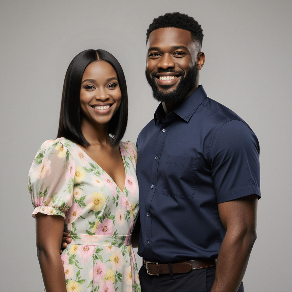 Studio portrait of a couple wearing refined casual attire photographed in Downtown Miami